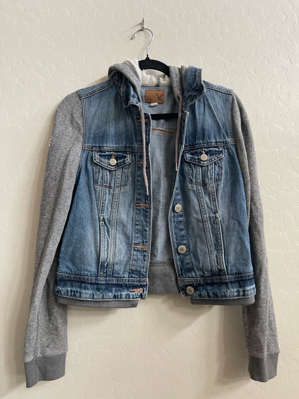 American Eagle Outfitters Blue Denim Jacket with Gray Hooded Sleeves